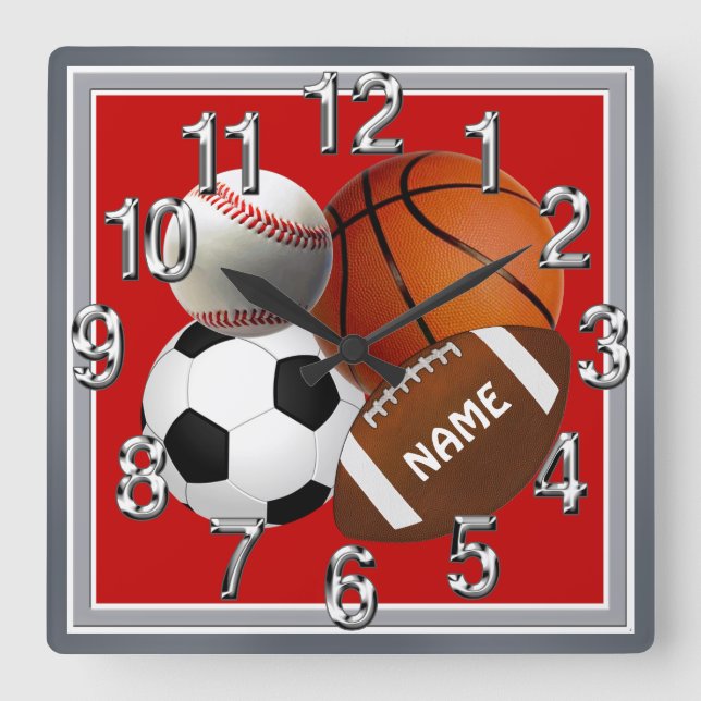 Personalised Sports Clock, Your Name and Colours Square Wall Clock (Front)