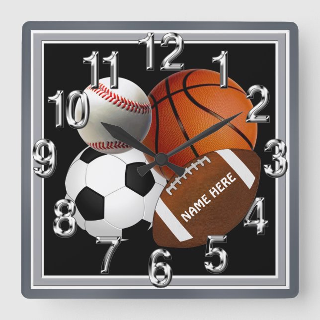 Personalised Sports Clock, Your Name and Colours Square Wall Clock (Front)