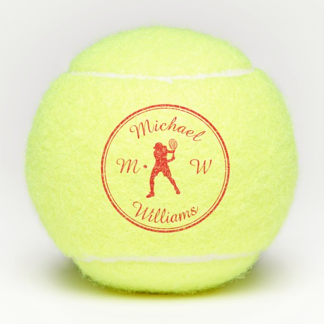 Personalised Sports Tennis Player Red Silhouette Balls (Front)