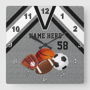 Personalised Sports Wall Clock, Your Name, Number Square Wall Clock