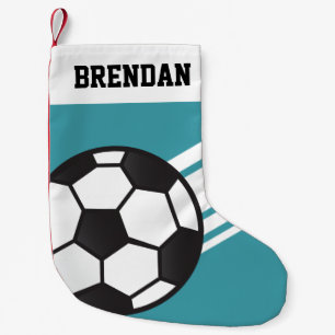 Personalised Sporty Stripes Soccer Ball Aqua Blue Small Christmas Stocking