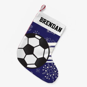 Personalised Sporty Stripes Soccer Ball Blue Small Christmas Stocking