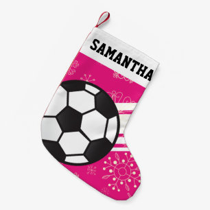 Personalised Sporty Stripes Soccer Ball Pink Small Christmas Stocking