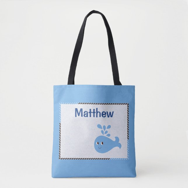 Personalised Spouting Whale on Blue Tote Bag (Front)