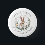 Personalised Spring Bunny Easter Eggs Garland 3 Cm Round Badge<br><div class="desc">Personalised Easter Bunny Button – A Festive Accessory for the Season: Celebrate Easter in style with this adorable personalised button, featuring a brown bunny nestled in a wreath of pastel-coloured eggs, delicate spring florals, and fresh greenery. This charming watercolor design adds a whimsical touch, making it a perfect accessory for...</div>