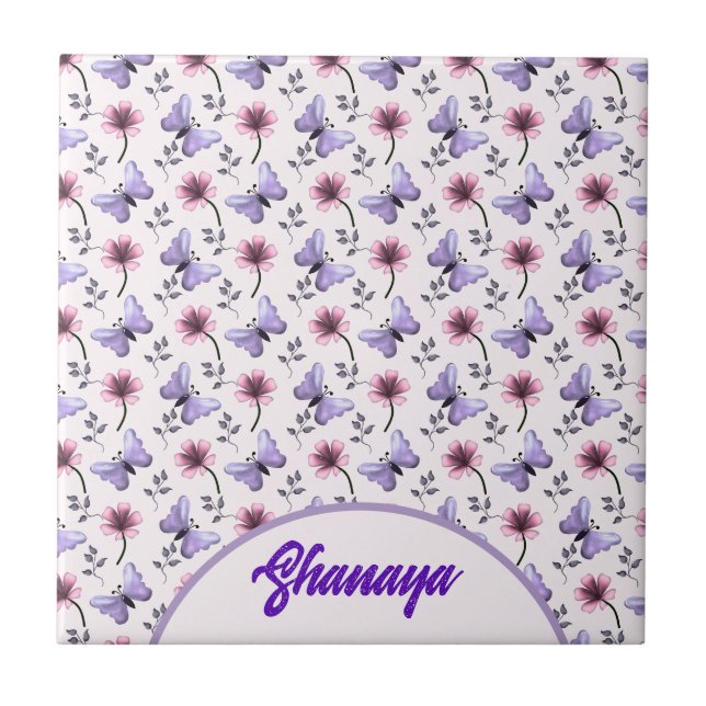 Personalised Spring Butterfly Floral Gift   Ceramic Tile (Front)
