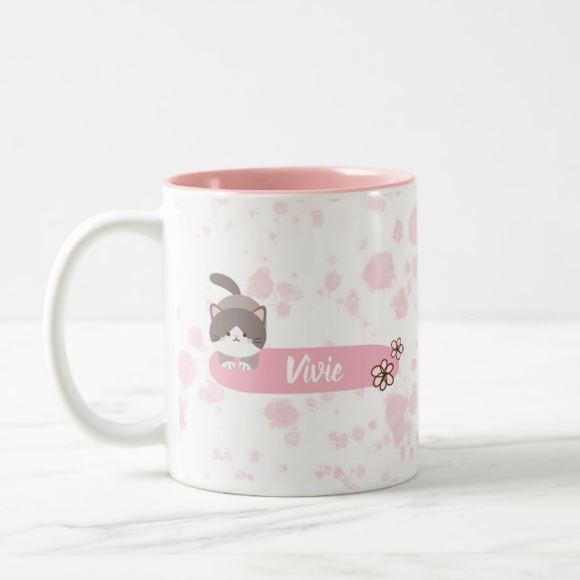 Personalised Spring Cat Two-Tone Coffee Mug (Left)