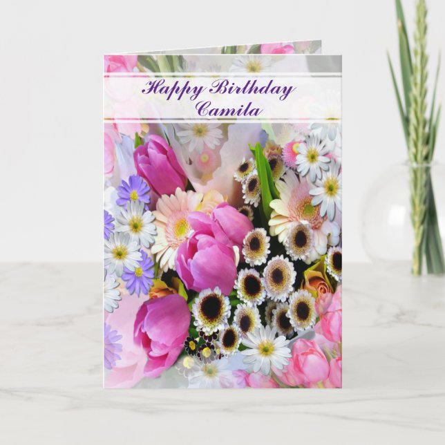 Personalised Spring Flower Bouquet Happy Birthday Card (Front)