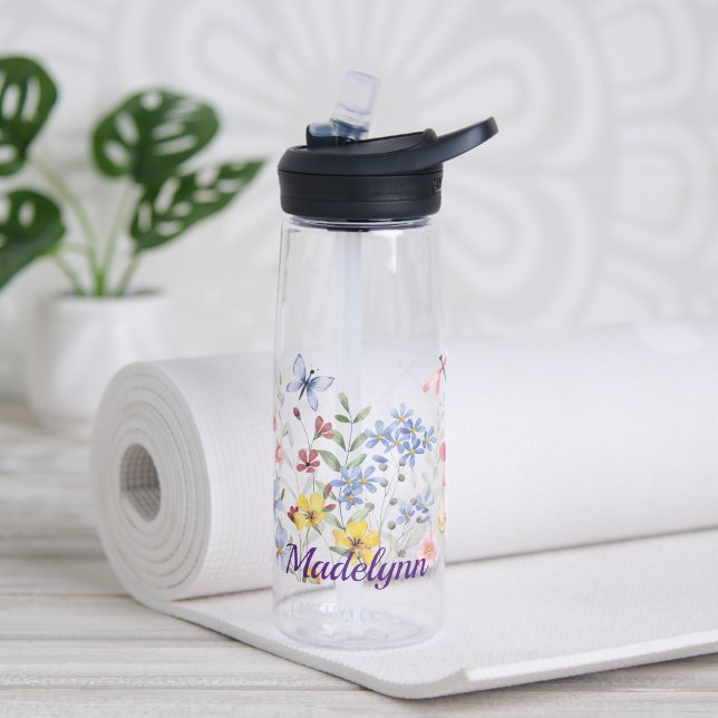 Personalised Spring Flowers and Butterflies Water Bottle (Yoga)