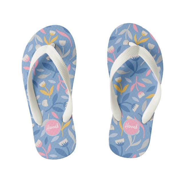 Personalised Spring Flowers Custom Blue & Pink Kid's Thongs (Footbed)