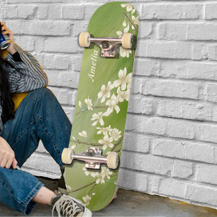 Personalised Spring Green White Flowers Blooming Skateboard