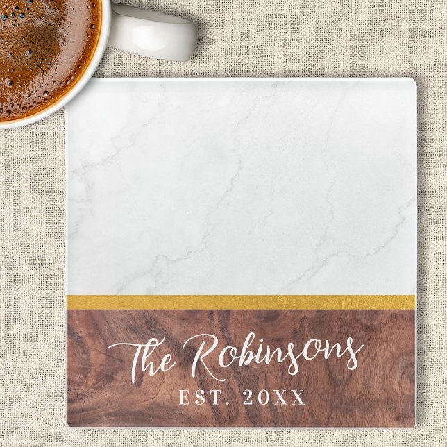 Personalised Square Marble Wood Last Name Est Date Glass Coaster (Personalized Square Glass Coasters | Marble Wood Gold Last Name Est Established Wedding Date Gift)