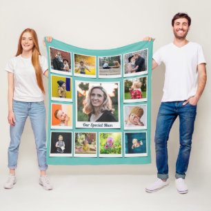 Personalised Square Photo Collage Family Teal Fleece Blanket