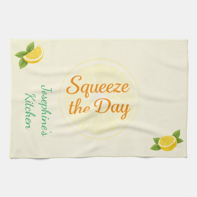 Personalised Squeeze the Day Lemon Kitchen Towel (Horizontal)
