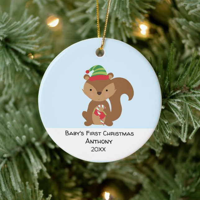 Personalised  Squirrel  Babys First Christmas Ceramic Ornament (Tree)