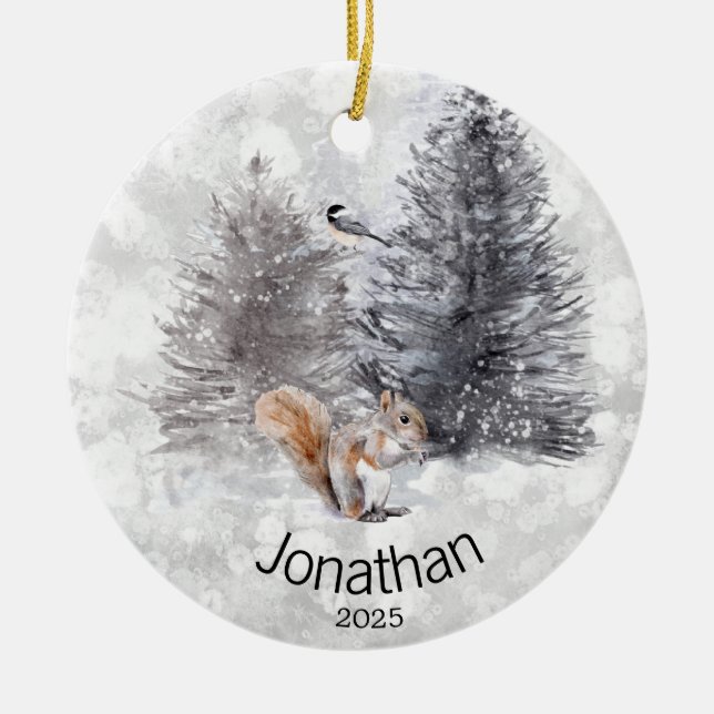 Personalised Squirrel Bird Winter Cabin     Ceramic Ornament (Front)
