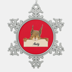 Personalised Squirrel Face Snowflake Pewter Christmas Ornament