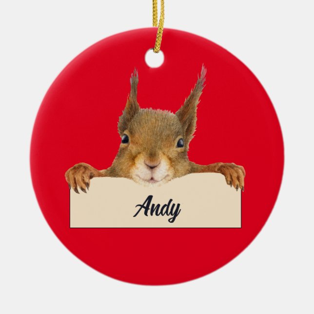 Personalised Squirrel Face with Custom Year Ceramic Ornament (Front)