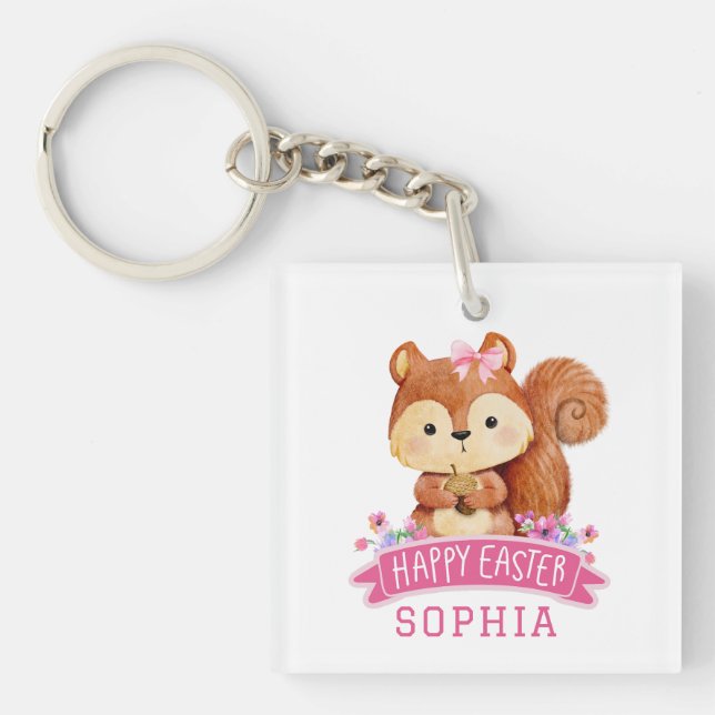 Personalised Squirrel Happy Easter Pink  Key Ring (Front)