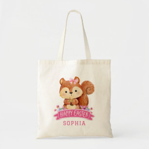 Personalised Squirrel Happy Easter Pink Tote Bag