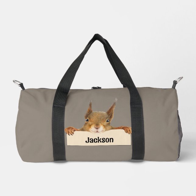 Personalised Squirrel Holding Nameplate Sign Duffle Bag (Front)