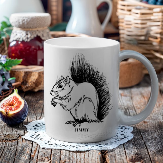 Personalised Squirrel Illustrated Wildlife Coffee Mug (This illustration was inspired by a favorite squirrel friend, whose name was Jimmy. )