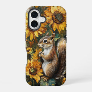 Personalised Squirrel Nibbling Van Gogh Sunflowers iPhone 16 Case