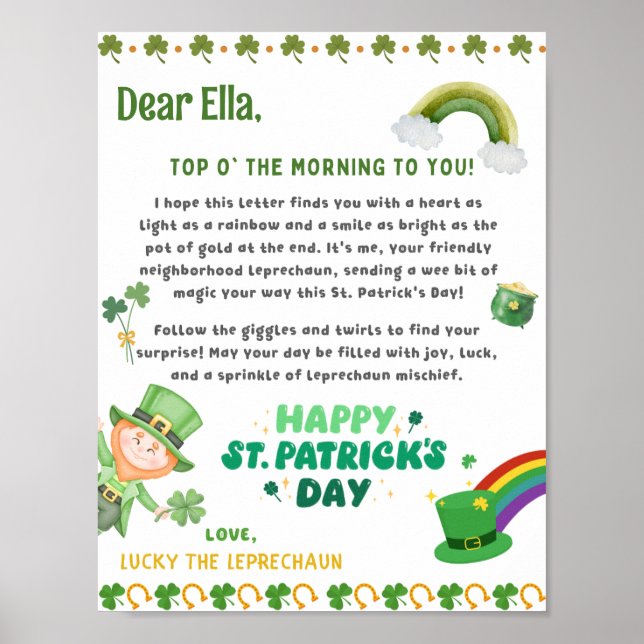 Personalised St Patrick's Leprechaun Letter Poster (Front)