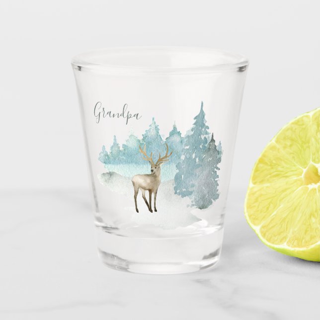 Personalised Stag Deer in Winter Woodland Shot Glass (Front)