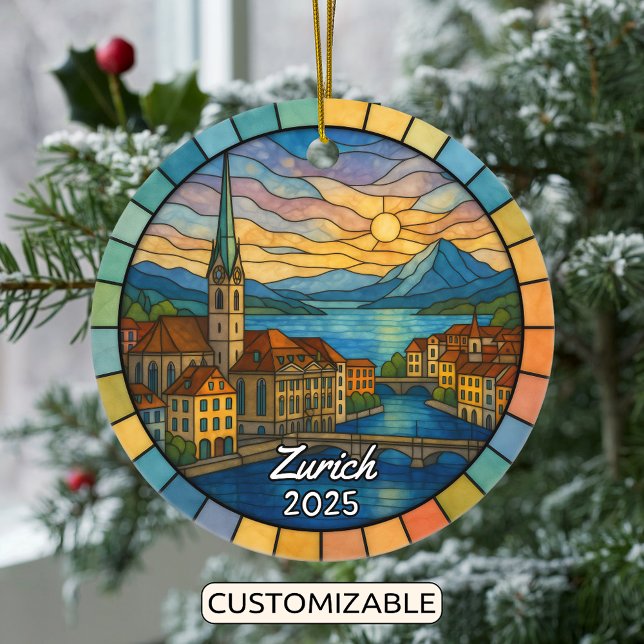 Personalised Stained Glass Zurich, Switzerland Ceramic Ornament (Creator Uploaded)
