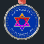 Personalised | Star of David | HAPPY HANUKKAH Metal Ornament<br><div class="desc">Stylish Cobalt Blue STAR OF DAVID HANUKKAH Metal Ornament with faux silver Star of David in a tiled pattern in the background, and a large colourful Star of David at the centre. The text reads HAPPY HANUKKAH plus placeholder name and is CUSTOMIZABLE, so you can replace the message and add...</div>