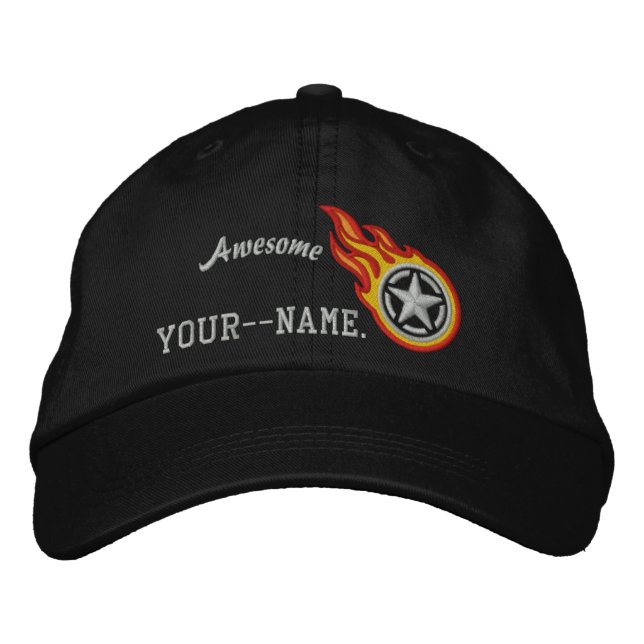 Personalised Star Stencil Racing Flames Bullet Embroidered Hat (Front)