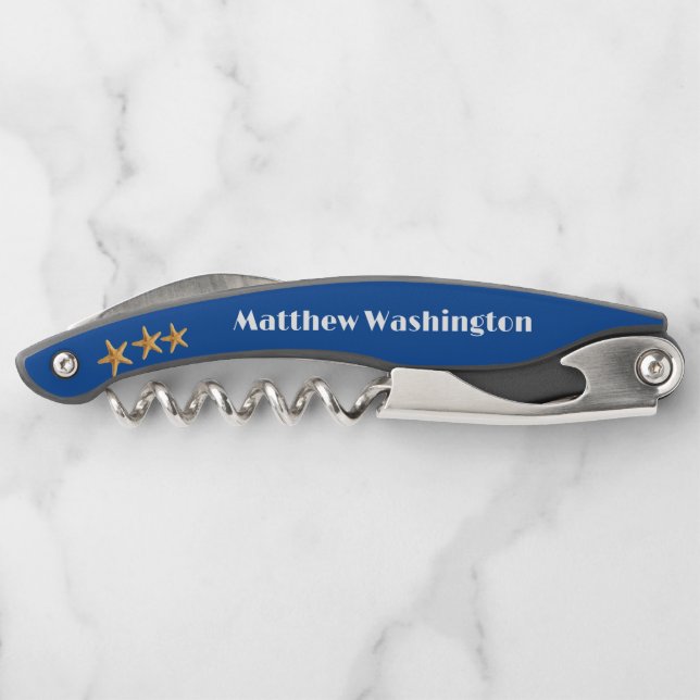 Personalised  Starfish Dark Blue & White Corkscrew (Back)