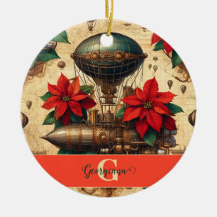 Personalised Steampunk Airship with Poinsettia Ceramic Ornament