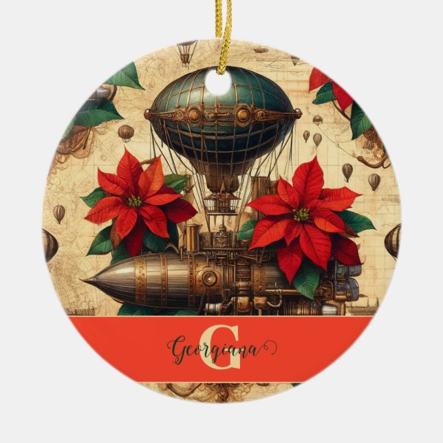 Personalised Steampunk Airship with Poinsettia Ceramic Ornament (Front)