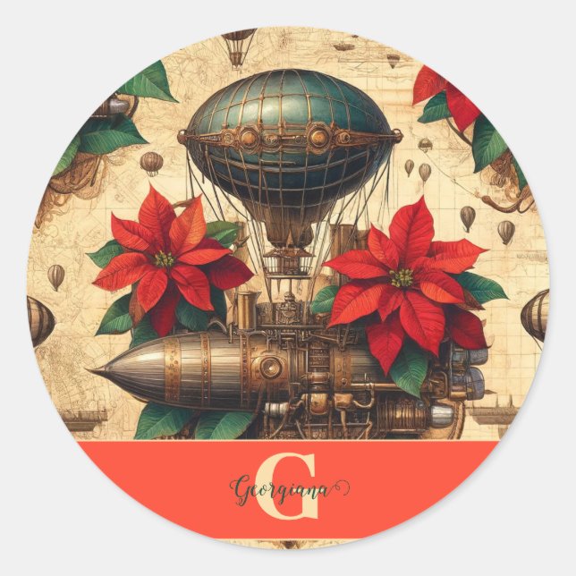 Personalised Steampunk Airship with Poinsettia Classic Round Sticker (Front)
