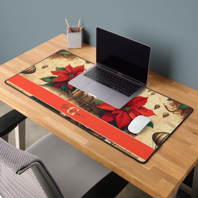 Personalised Steampunk Airship with Poinsettia Desk Mat (Office 2)