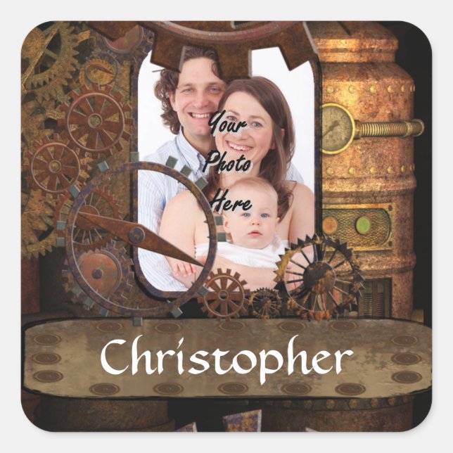 Personalised steampunk machinery square sticker (Front)