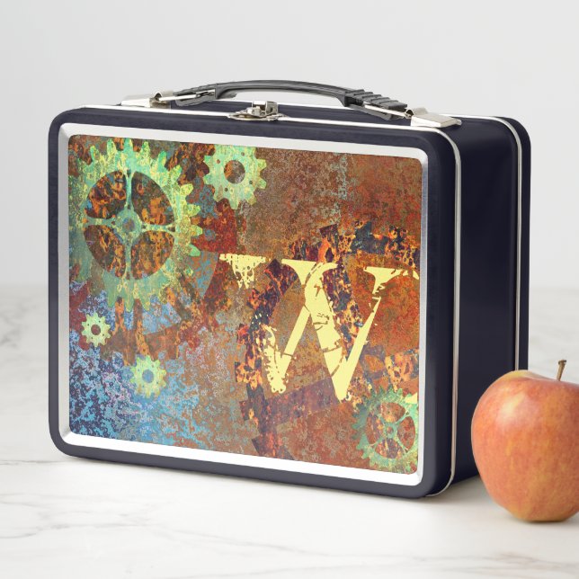 Personalised Steampunk Rusty Clockwork Gears Metal Lunch Box (In Situ)