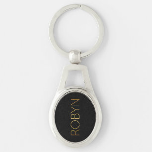 Personalised Stencil Font Robyn Gold Black Key Ring