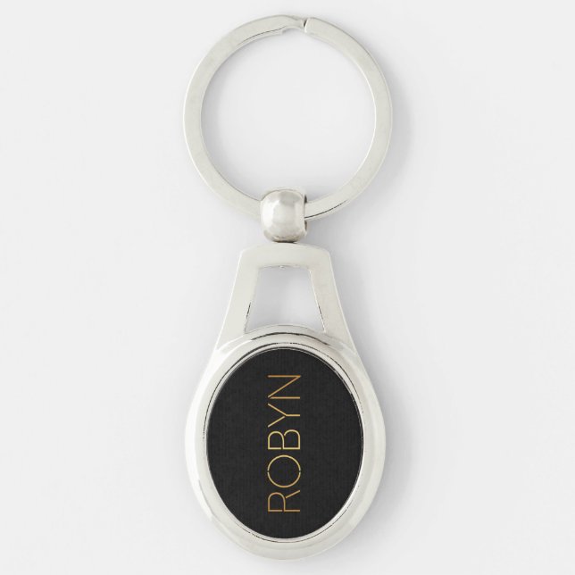 Personalised Stencil Font Robyn Gold Black Key Ring (Front)
