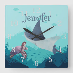Personalised Stingray and Turtle Under the Sea Square Wall Clock