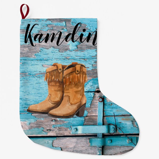 Personalised Stocking Blue Wood Barn Door Boots Co (Front)