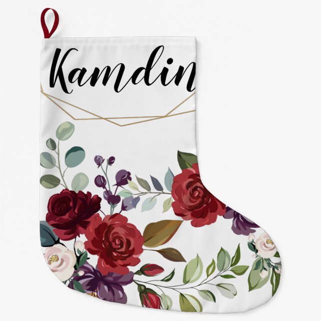 Personalised Stocking White Roses Gold Geometric (Front)