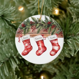 Personalised Stockings Family of 3 Christmas Ceramic Ornament