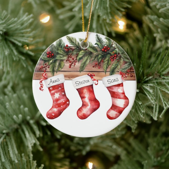 Personalised Stockings Family of 3 Christmas Ceramic Ornament (Tree)