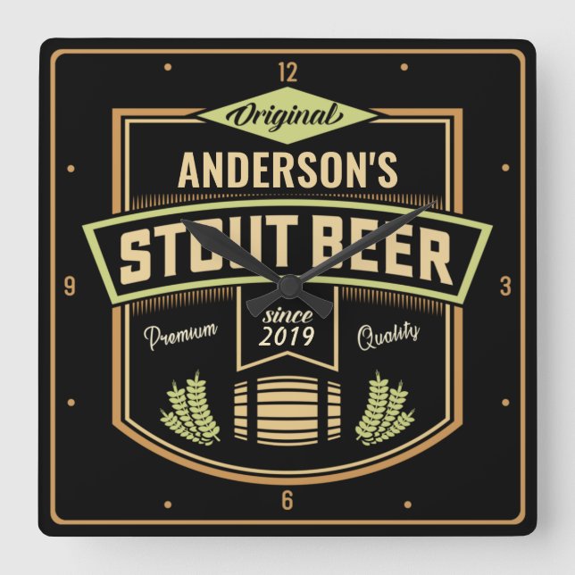 Personalised Stout Dark Beer Brewing Label Bar Square Wall Clock (Front)