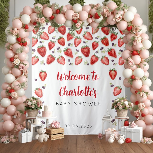 Personalised Strawberry Baby Shower Backdrop Tapestry (Creator Uploaded)