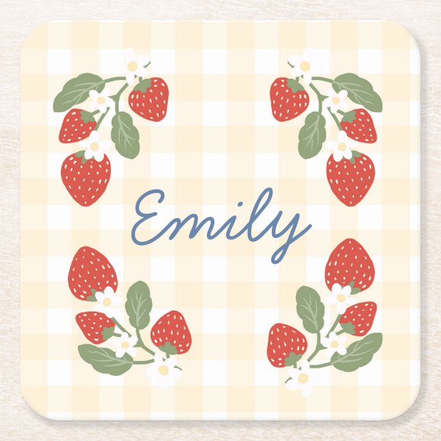 Personalised Strawberry Berry Sweet Party Picnic Square Paper Coaster (Front)