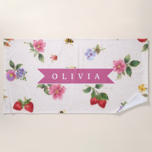 Personalised Strawberry Garden Bee Cottagecore Beach Towel